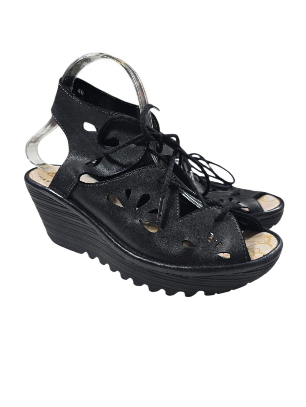 Fly London Black Leather Wedge Sandals sz 40 (9-9.5 US) - like new!